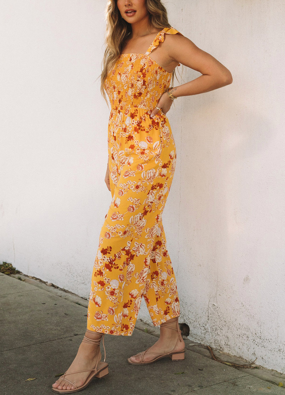 Yellow Floral Print Ruffle Shoulder Smocked Wide Leg Jumpsuit