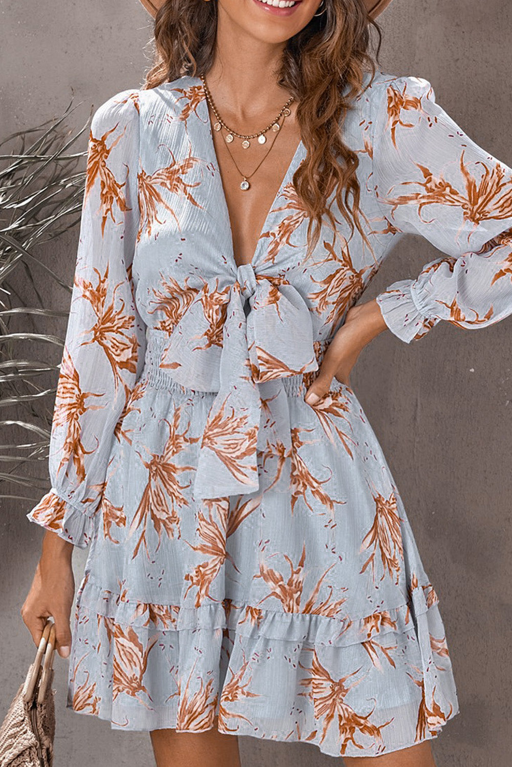 Sky Blue Deep V Neck Lantern Sleeve Knotted Tiered Mini Dress