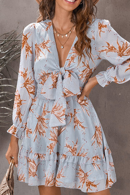 Sky Blue Deep V Neck Lantern Sleeve Knotted Tiered Mini Dress