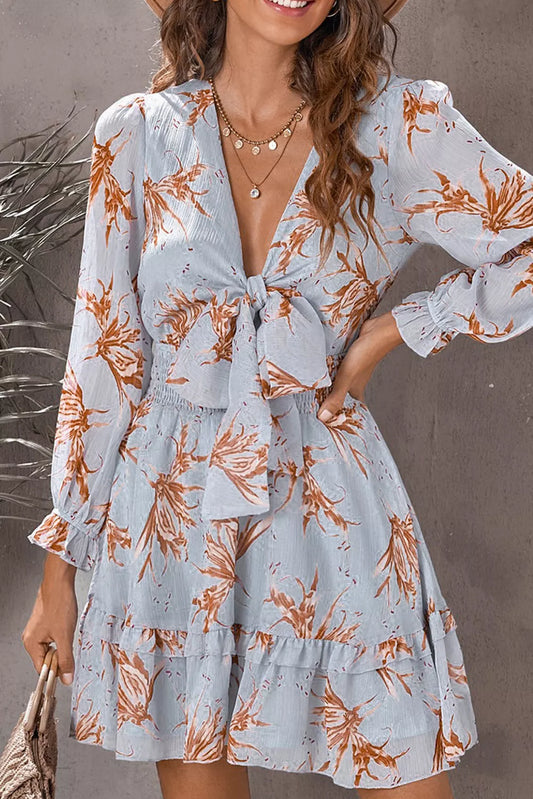 Deep V Neck Lantern Sleeve Knotted Tiered Mini Dress