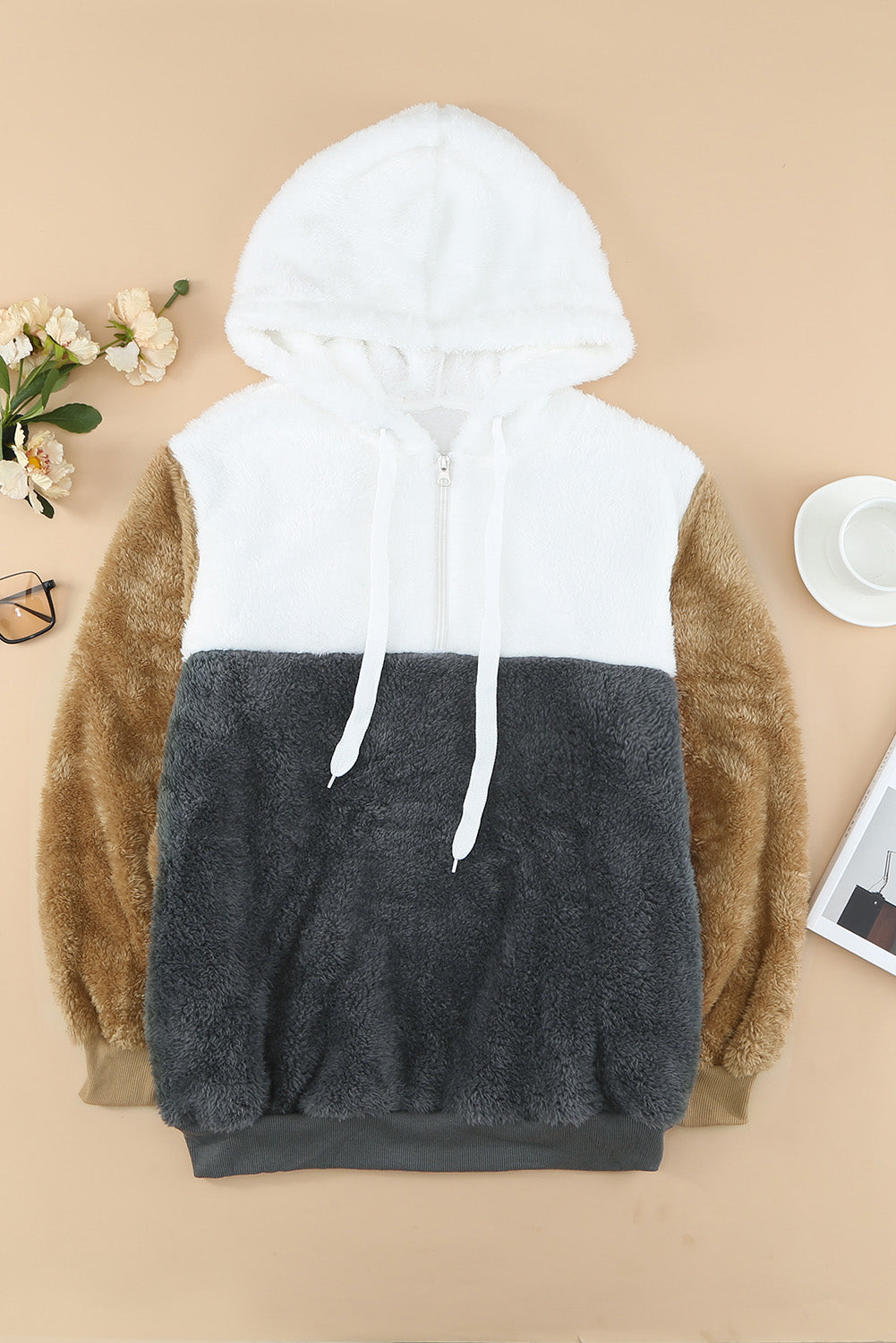 Colorblock Fluffy Faux Fur Hoodie
