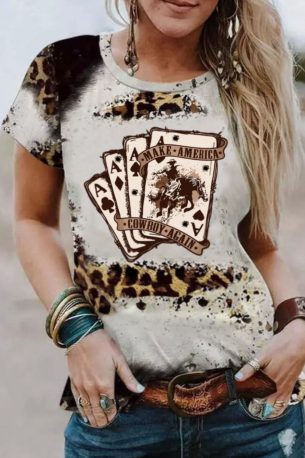 Western Leopard Cowboy Poker Cards Print Graphic Tee