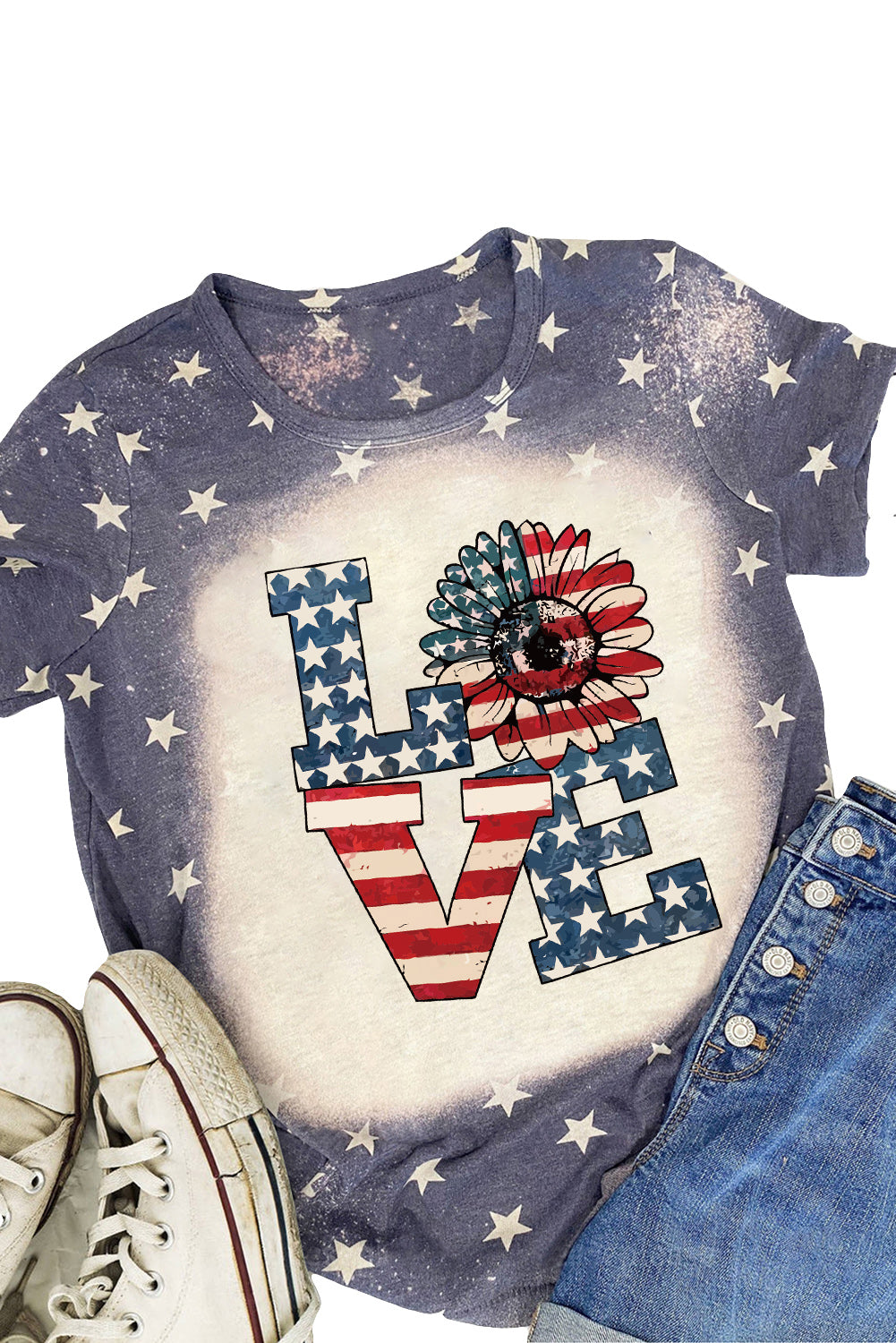 Blue Starlet Allover Bleached LOVE Sunflower Flag Graphic Tee