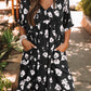 Black Khaki V Neck Floral Babydoll Dress with Pockets