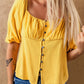 Yellow Ruched Buttoned Puff Sleeve Blouse