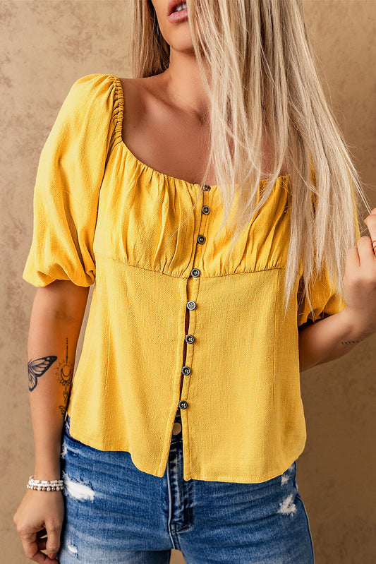 Yellow Ruched Buttoned Puff Sleeve Blouse