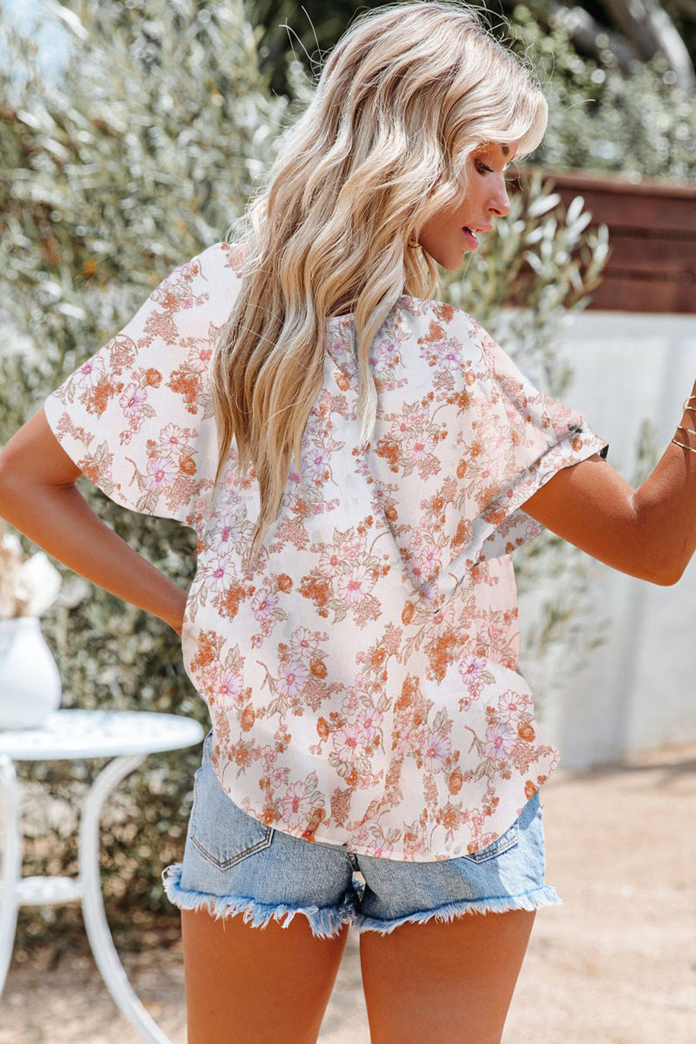 Floral Print Buttons Tiered Ruffled Shot Sleeve Shirt