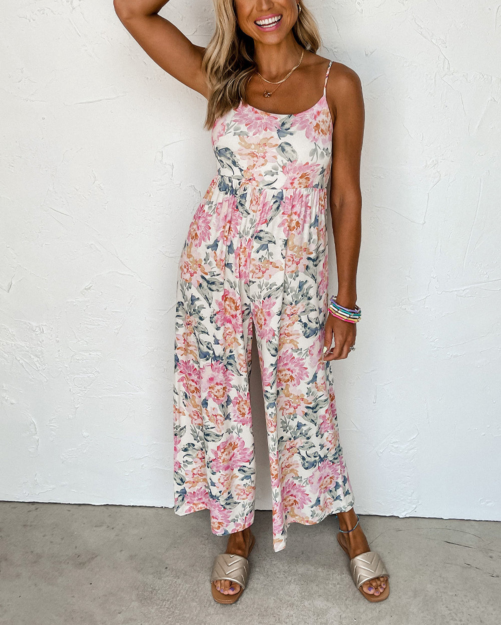 White Floral Spaghetti Straps Wide Leg Jumpsuit