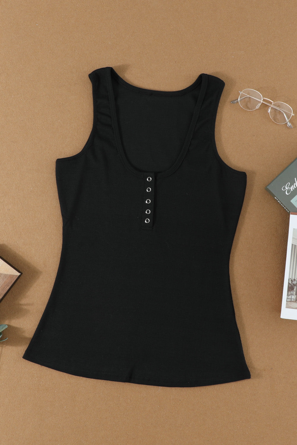 Sleeveless Scoop Neck Button Tank Top