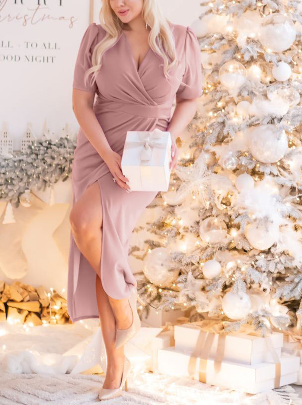 Pink Plus Size Wrap V Neck Slit Hem Midi Dress