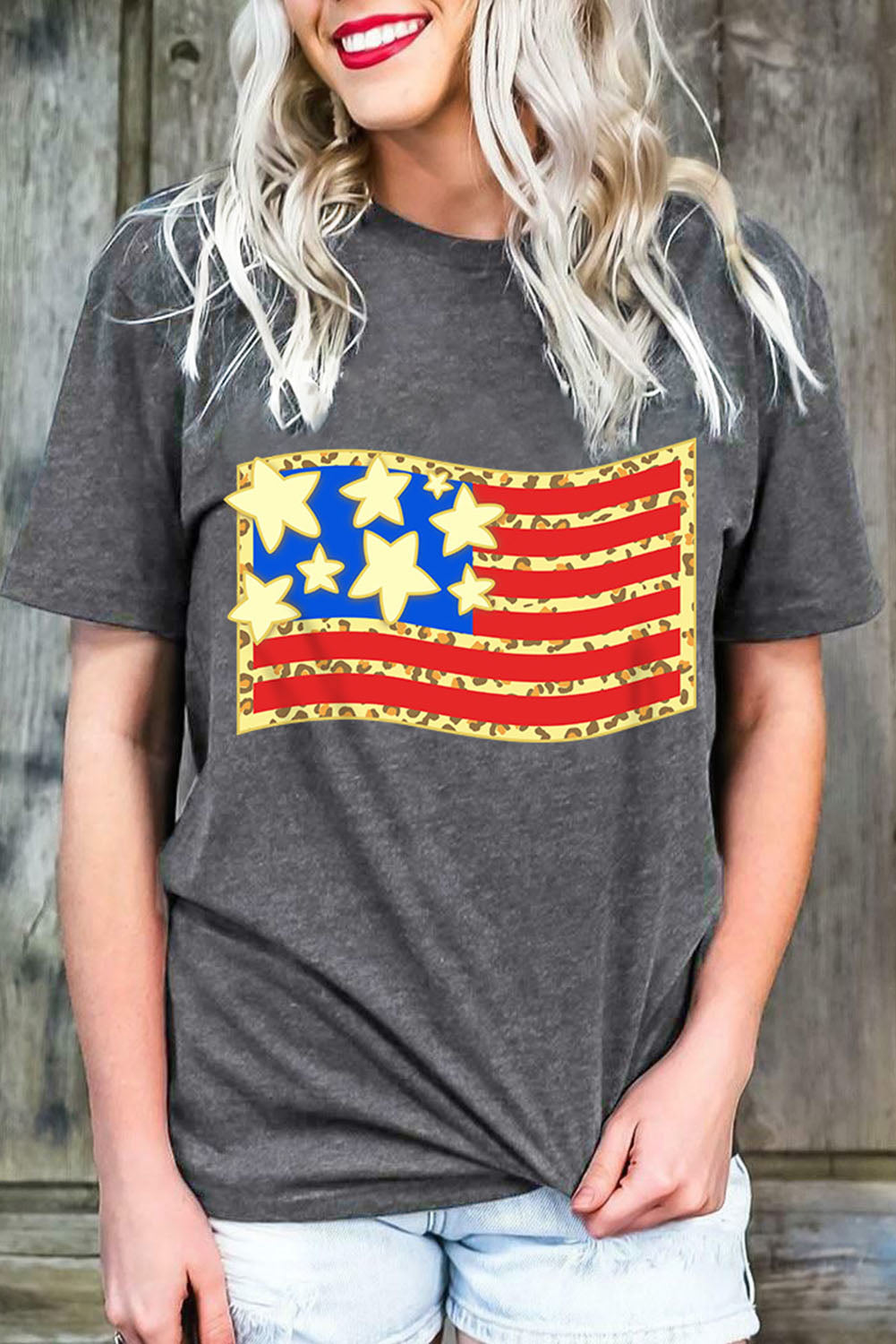 Gray Leopard Flag Graphic Print T Shirt