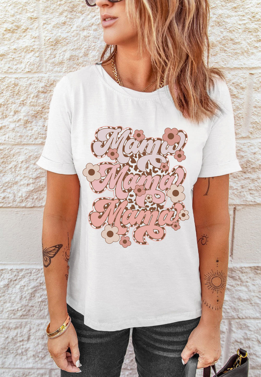 White Mama Flower Leopard Print Short Sleeve Graphic Tee