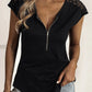 Black Zip Neck Lace Splicing Short Sleeve Tee