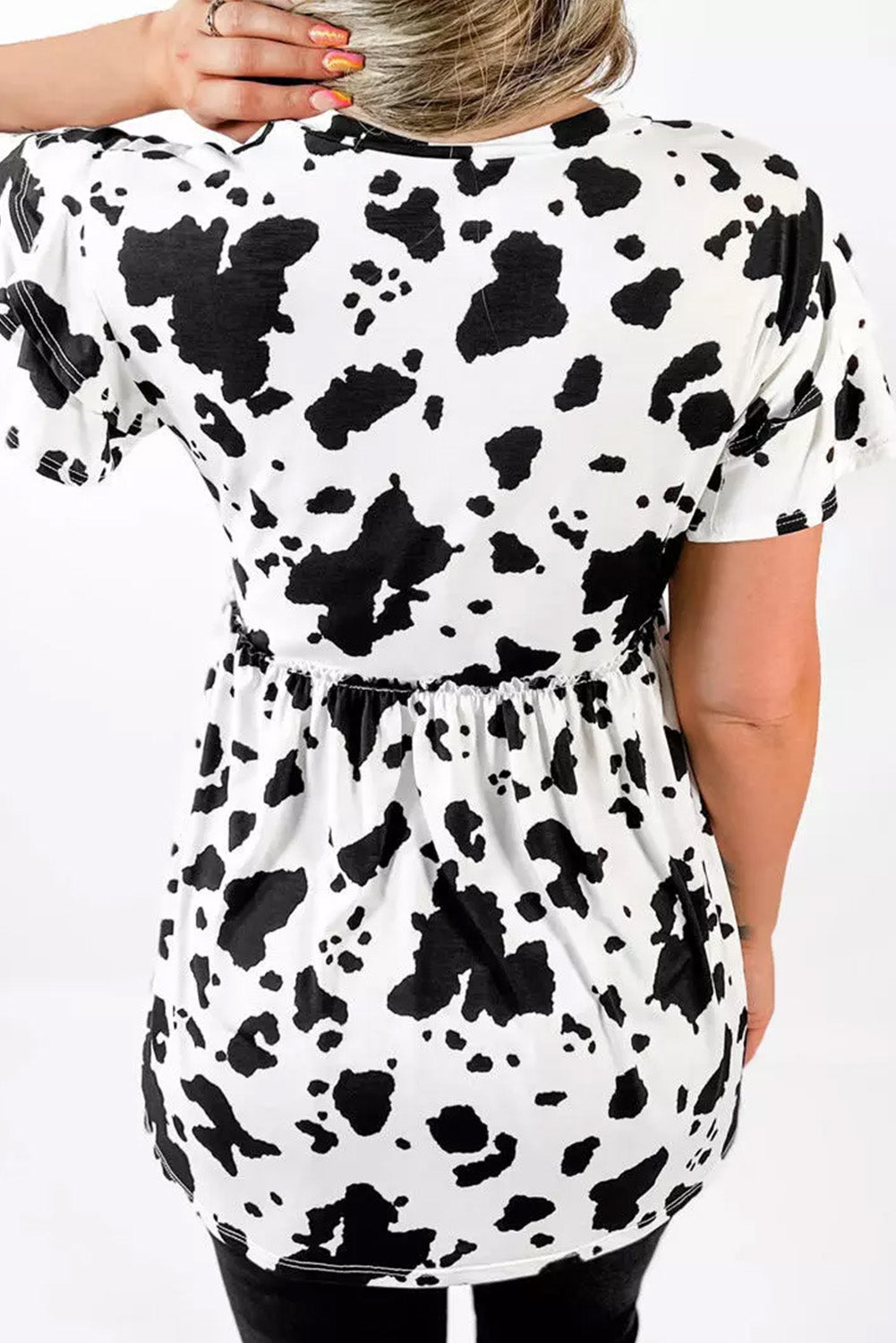 White Cow Spots Print V Neck Ruffled Casual Blouse