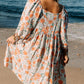Orange Plus Size Square Neck Tie Sleeve Floral Dress