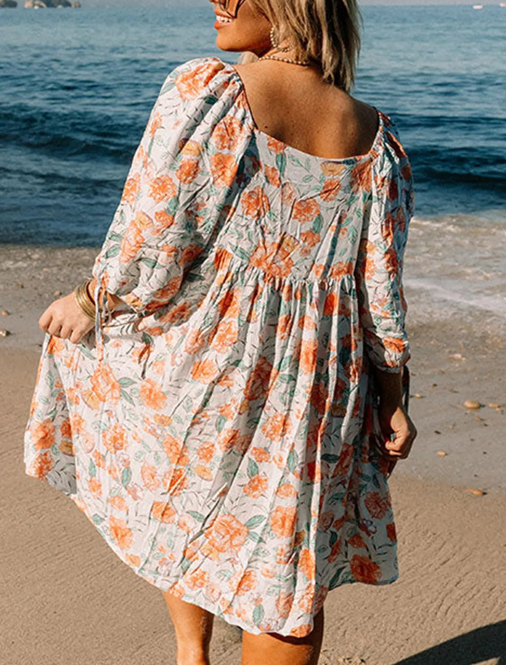 Orange Plus Size Square Neck Tie Sleeve Floral Dress