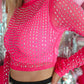 Pink Rhinestones Sheer Long Sleeve Crop Top