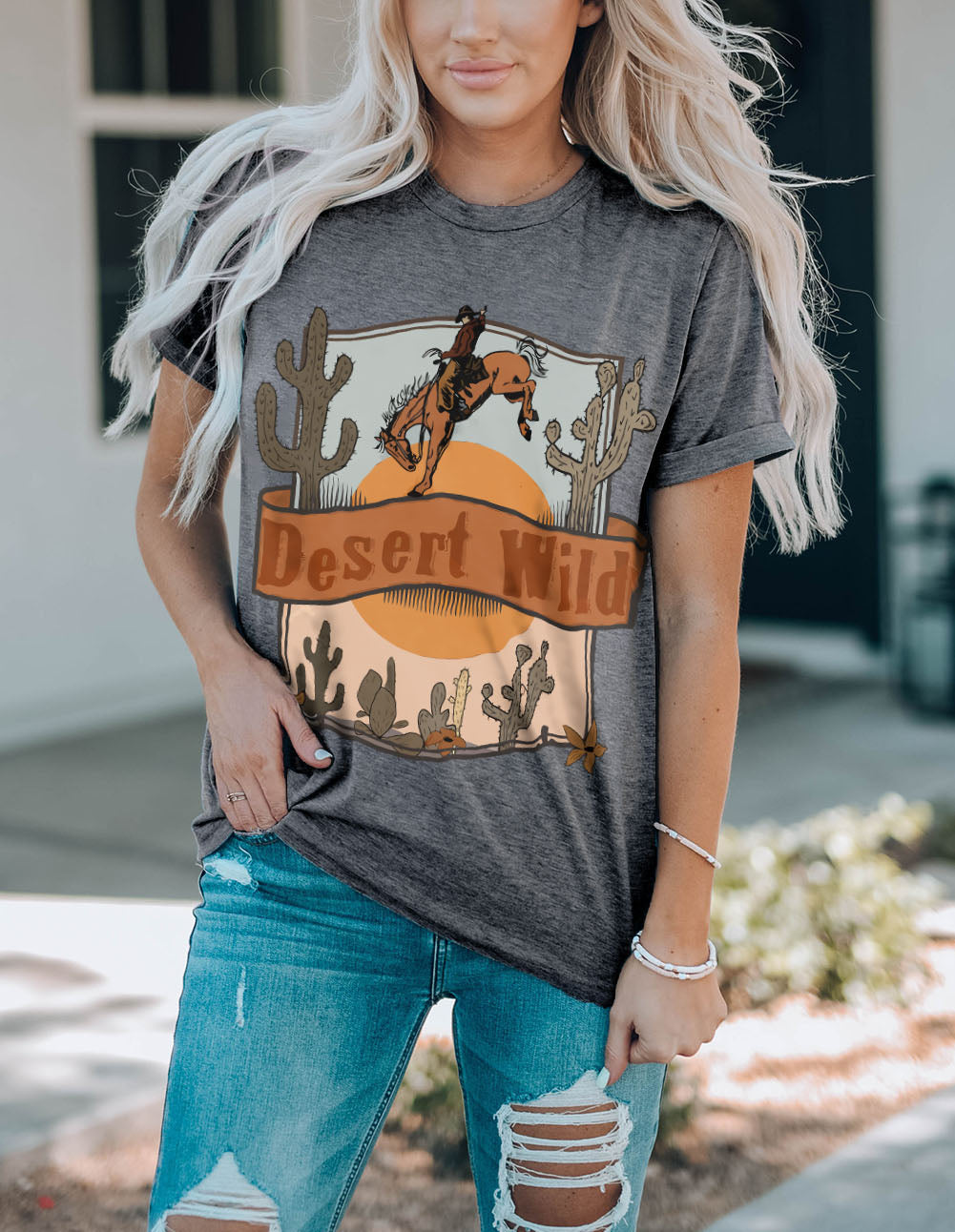 Desert Wild Cowboy Cactus Print Short Sleeve Graphic Tee
