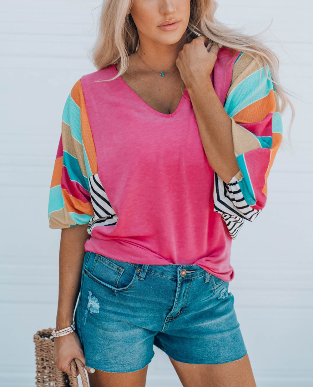 Rose Stripe Color Block Bubble Sleeve Top