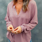Buttoned V Neck Cotton Loose Fit Top