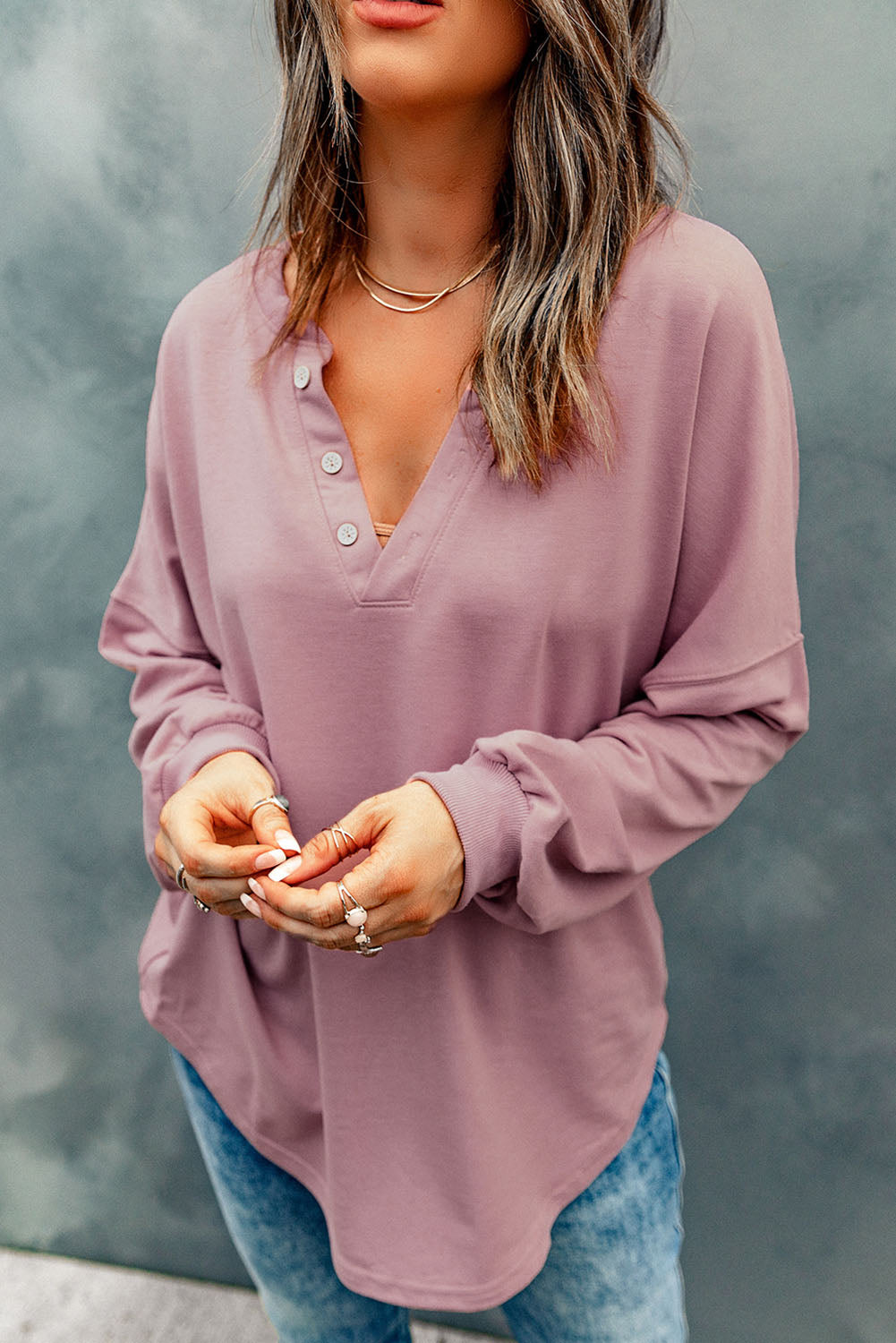 Buttoned V Neck Cotton Loose Fit Top