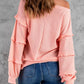 Waffle Ruffled V Neck Loose Knit Top