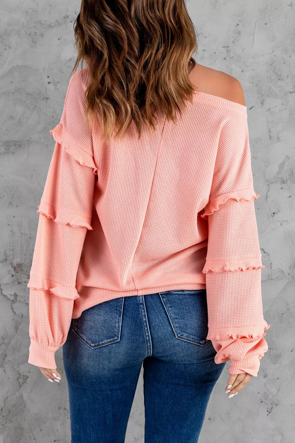 Waffle Ruffled V Neck Loose Knit Top