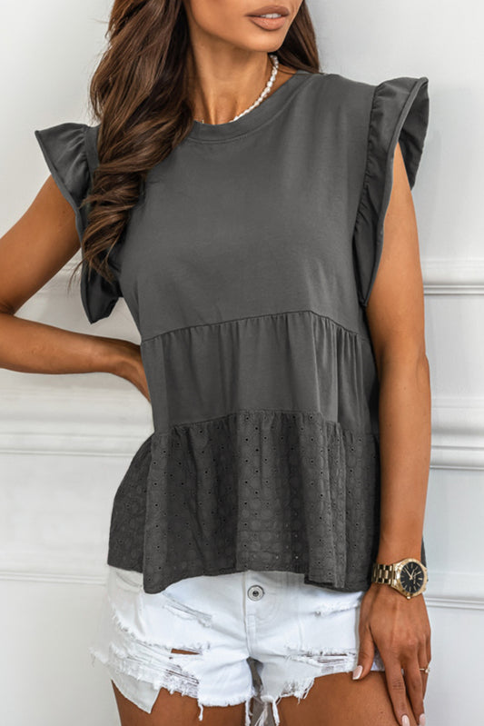 Gray Broderie Anglaise Flutter Blouse