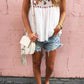 White Floral Embroidered Swiss Dot Ruffled Tank Top