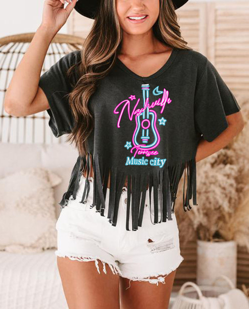 Nashville Guitar Slogan Print Fringed V Neck Graphic Tee