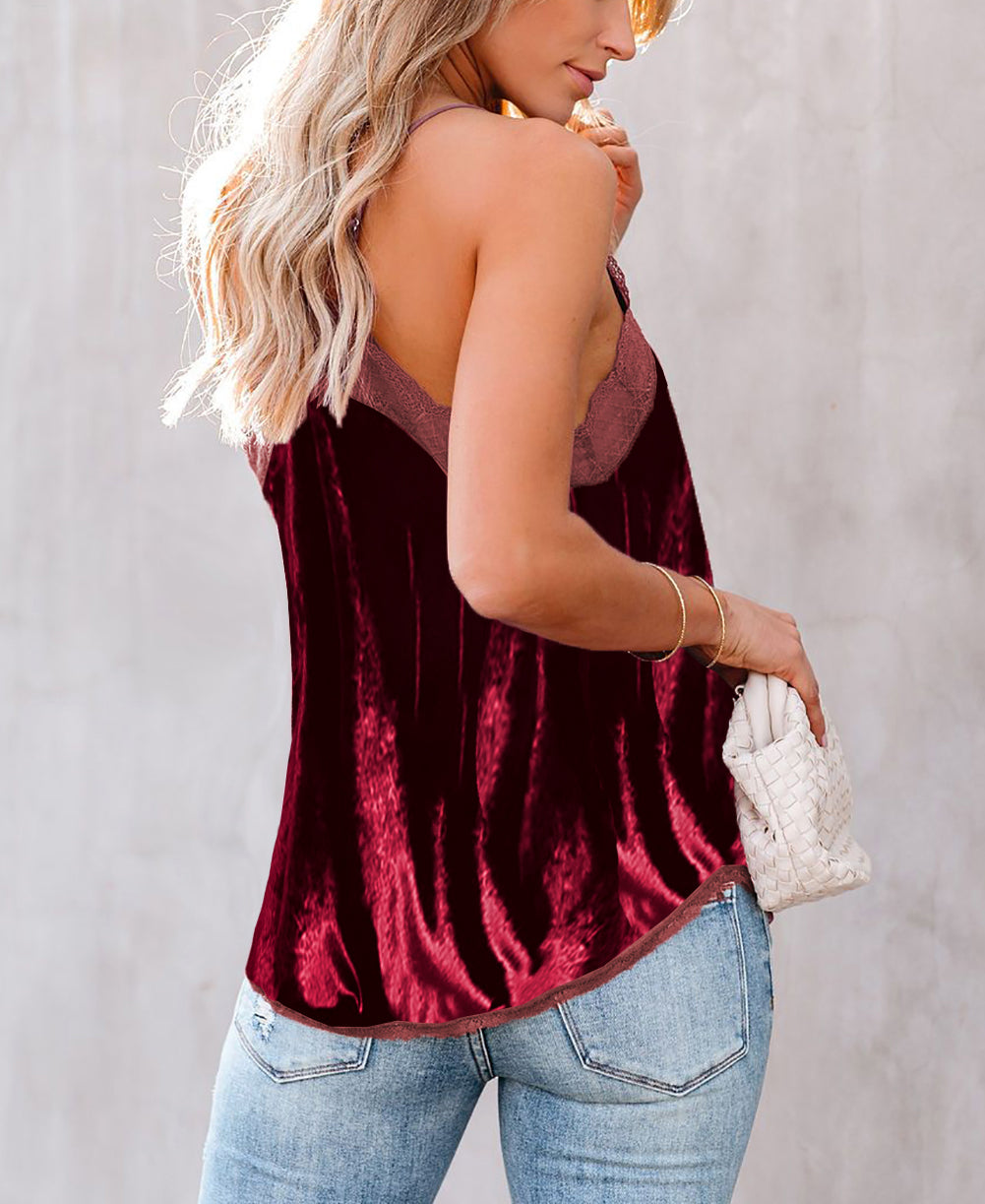 Black Luxury Lacy V Neck Spaghetti Straps Velvet Tank