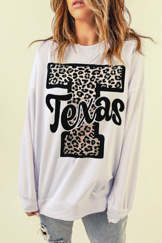 T Texas Leopard Print Long Sleeve Oversized Sweatshirt