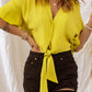 Yellow Lapel Collar Short Sleeve Shirt with Front Tie