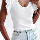 White Rib Knitted Ruffle Sleeve U Neck Top