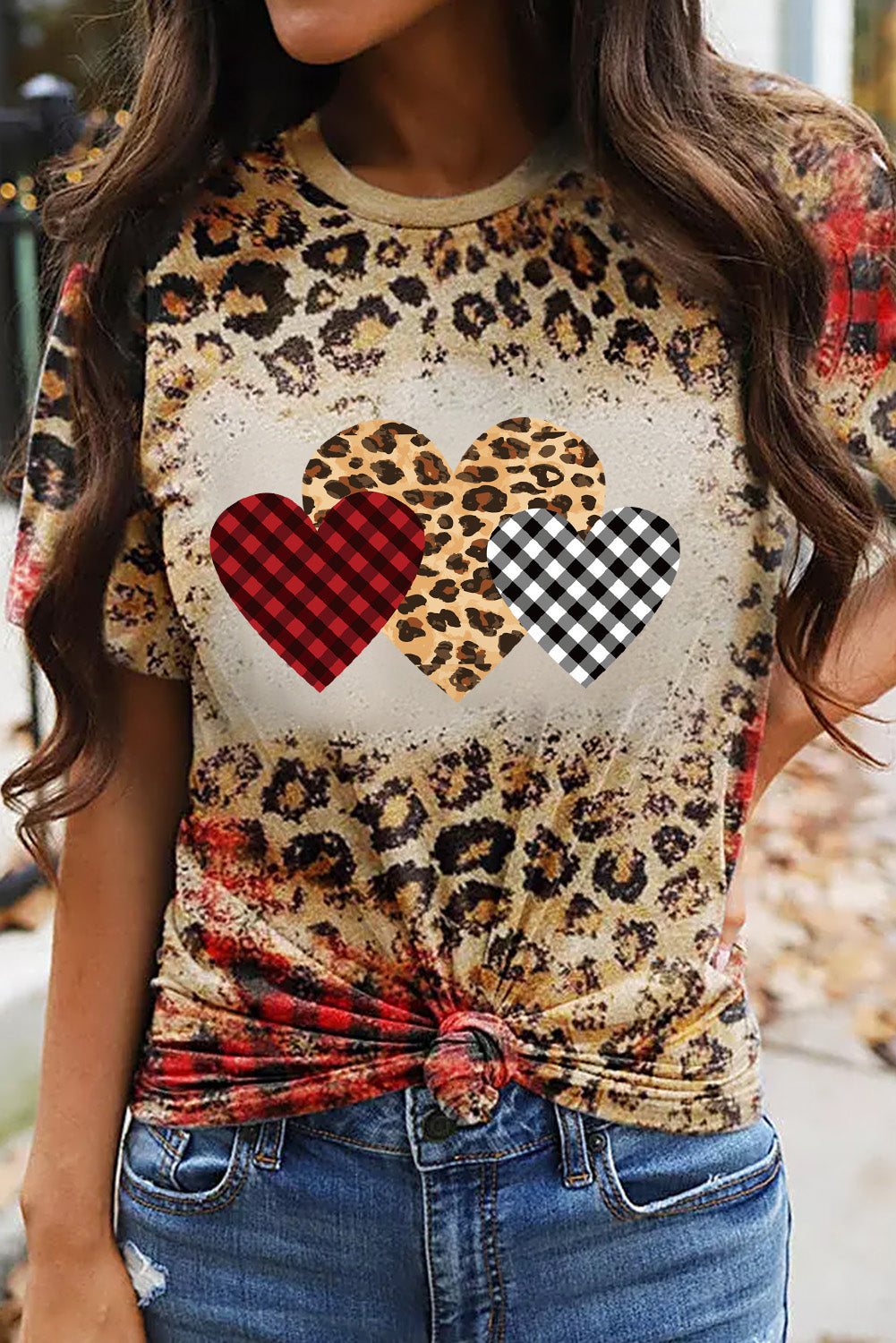 Leopard Plaid Heart Shaped Bleached Short Sleeve T Shirt