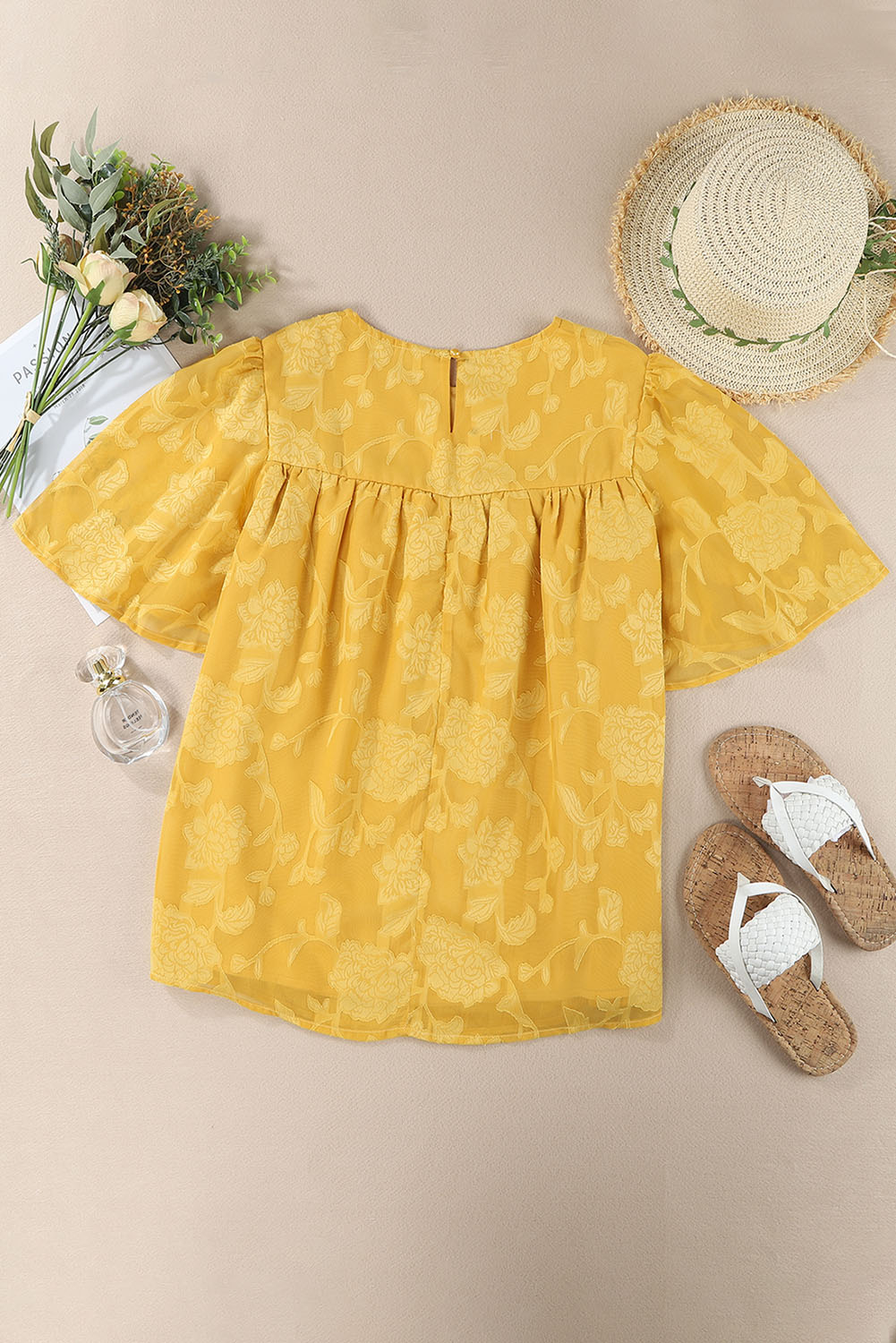 Floral Textured Ruffled Half Sleeve Babydoll Top