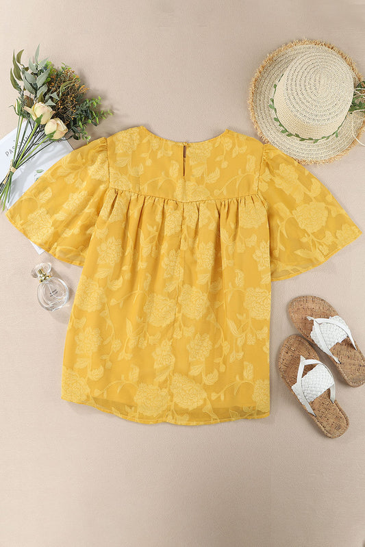 Floral Textured Ruffled Half Sleeve Babydoll Top