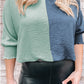 Green Color Block Shirred 3/4 Sleeve V Neck Top