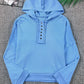 Sky Blue Casual Button Solid Patchwork Trim Hoodie