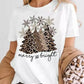 White Believe Santa Claus Snowflake Print Crew Neck T Shirt 95%Polyester+5%Elastane
