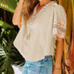 Beige Tassel Drawstring Embroidered Half Sleeve V Neck Top