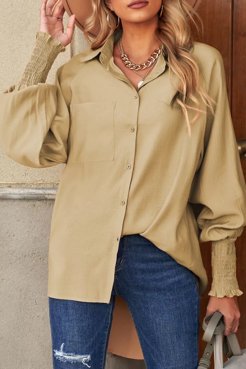 Billowy Sleeves Pocketed Shirt
