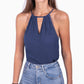 Blue Pompom Trim Cut out Tank Top