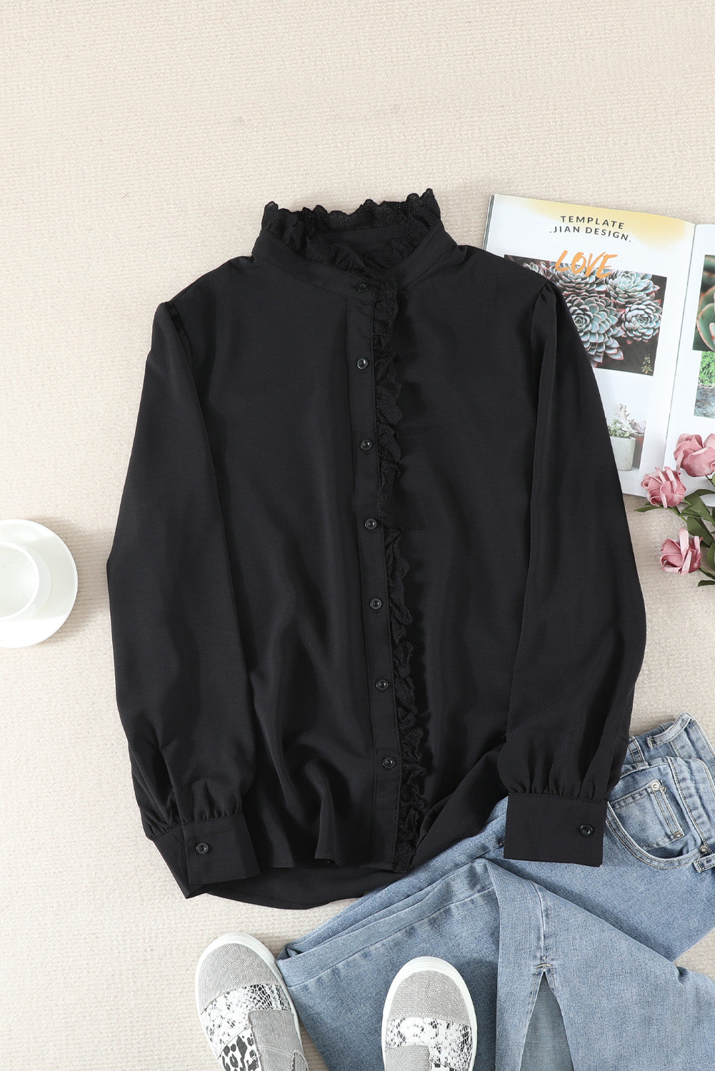 Solid Color Lace Frilled Trims Long Sleeve Shirt