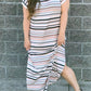 White Striped Print V Neck Side Split Plus Size Dress