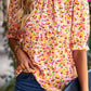 Boho Floral Ruffle Short Sleeve Frill Mock Neck Blouse