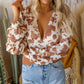 White Cow Print Deep V Neck Long Sleeve Bodysuit