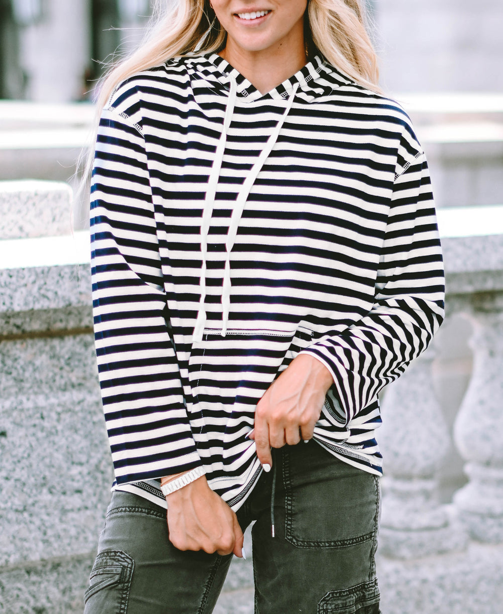 Stripe Kangaroo Pocket Drawstring Hoodie