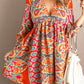 Red V Neck 3/4 Sleeve Bohemian Vintage Print Mini Dress