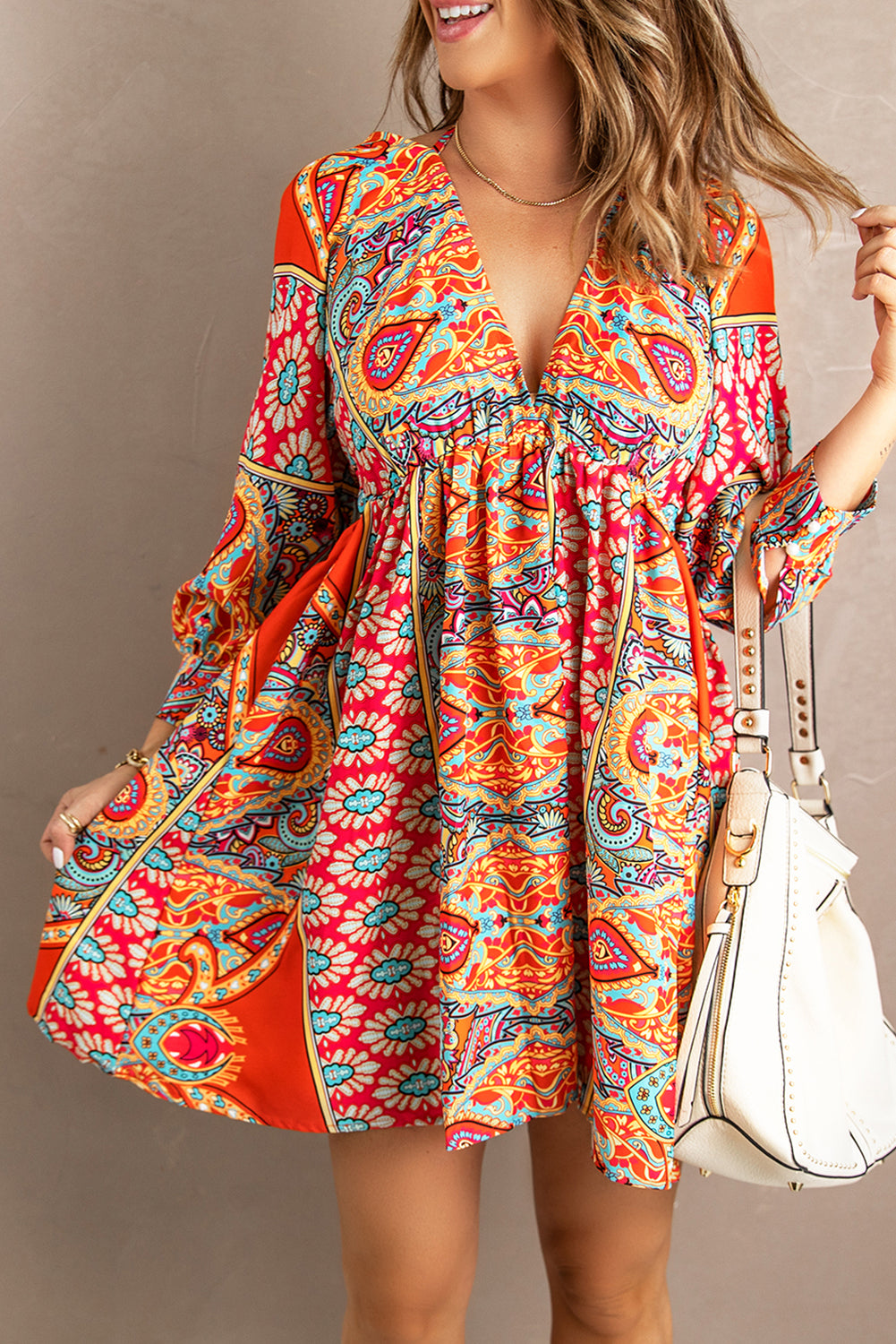 Red V Neck 3/4 Sleeve Bohemian Vintage Print Mini Dress